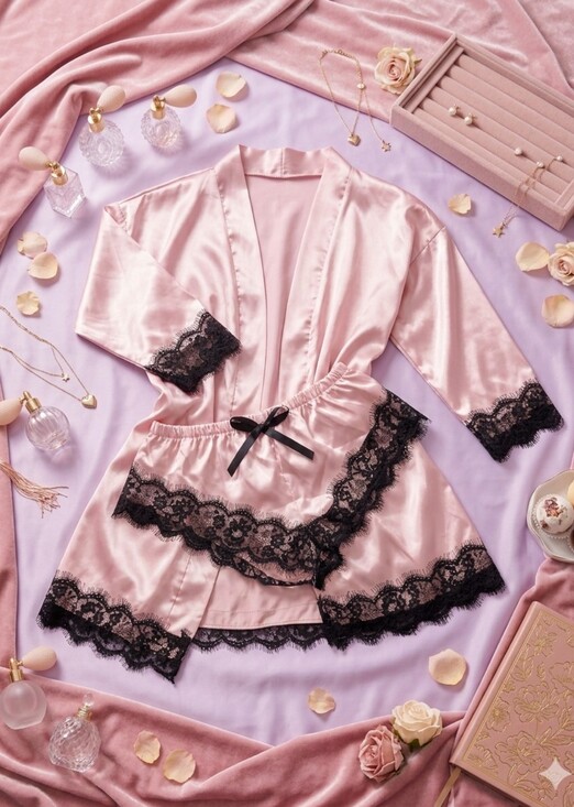 Other - Pink Satin & Lace Robe And Short Set